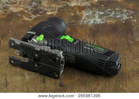 Moscow, Russia, August 15, 2018. Electric Jig Saw Festool Trion Ps 300 Eq On A Wooden Table Against 