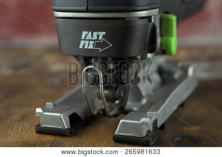 Moscow, Russia, August 15, 2018. Electric Jig Saw Festool Trion Ps 300 Eq On A Wooden Table Against 