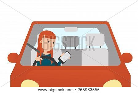 Vector Illustration. The Young Woman Looking At Hers Mobil Phone While Driving.