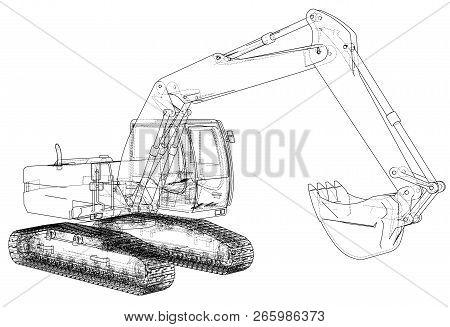 Excavator Concept Outline. Vector Rendering Of 3d. Wire-frame Style. The Layers Of Visible And Invis