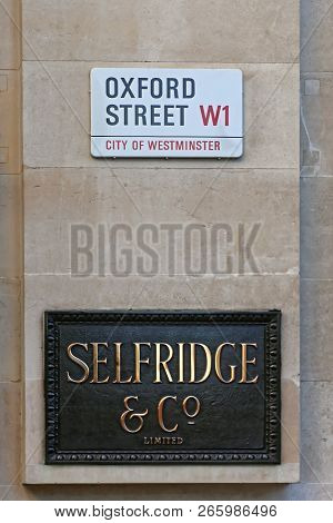 London, United Kingdom - November 21, 2013: Selfridge Luxury Department Store Plaque Sign At Oxford 