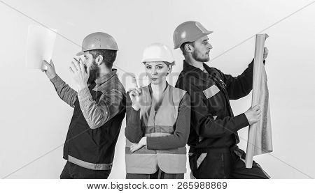 Men And Woman In Helmets Carefree With Hammer And Project,