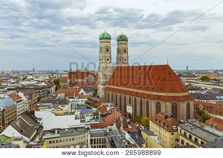 Munich, Germany. September 22, 2018. Aerial View Of Munich City And Frauenkirche (munich Cathedral)