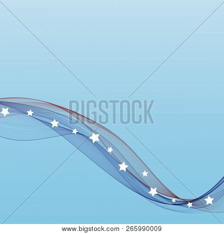 Blue And Red Waves With Stars. Flag Of The United States. American Emblem