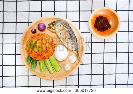 Fried Rice With Prik Pao (chilli Paste With Soya Bean Oil), Omelet With Cha Om, Boiled Chicken Egg, 