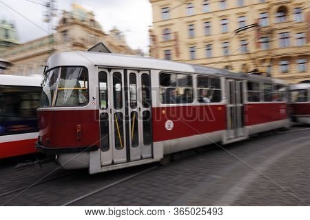 Prague, Czech Republic.tram On The Street Of Prague.typical Old Retro Vintage Tram On Tracks Near Tr