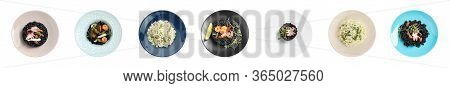 Collage With Delicious Rissotos On White Background, Top View. Banner Design