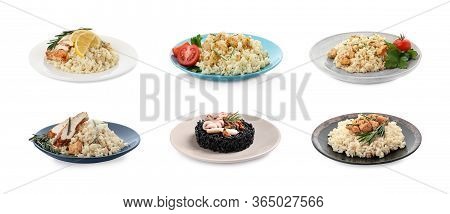 Collage With Delicious Rissotos On White Background