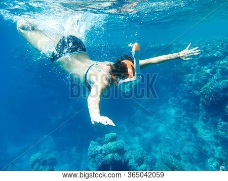 Girl Snorkler Swims Underwater In The Sea.