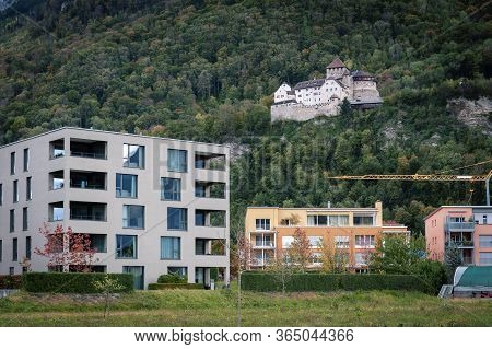 Vaduz, Liechtenstein - October 2019: Vaduz Castle Lies On A Hillside In Urban Area Of Vaduz, The Cap