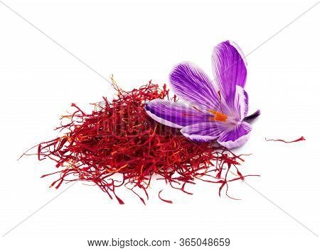 Dried Saffron Spice With Flower Isolated On White Background