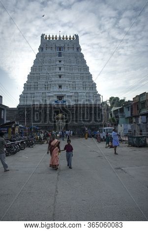 Kanchipuram Tamilnadu / India  Sep 11 2011 Main Gopuram Of Varatharaja Perumal Temple. People Are Th