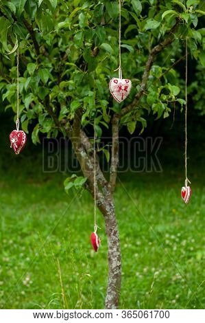 Four Handmade Cotton Fabric Heart Hanging On Bast String On Tree On Green Grass Background. Red Fabr