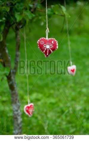 Three Handmade Cotton Fabric Heart Hanging On Bast String On Tree On Green Grass Background. Red Fab