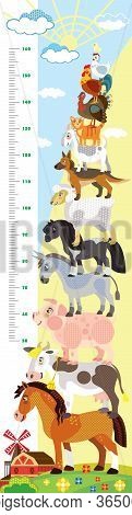 Height Meter With Pyramid Of Farm Animals Vector Cartoon Illustration In Flat Style. Vector Vertical