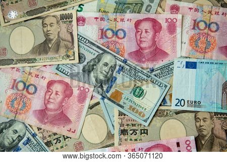 Stack Of Many Banknote Currency, Yuan-china, Yen-japan, Dollar-usa. Image For Background, Wallpaper 