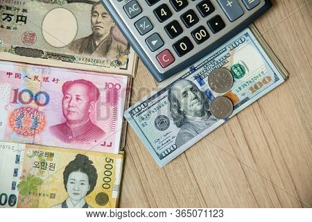 Stack Of Many Banknote Currency, Yuan-china, Yen-japan, Dollar-usa. Image For Background, Wallpaper 