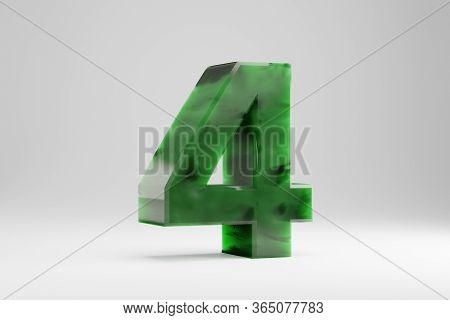Jade 3d Number 4. Jade Number Isolated On White Background. Green Jade Semitransparent Stone Alphabe