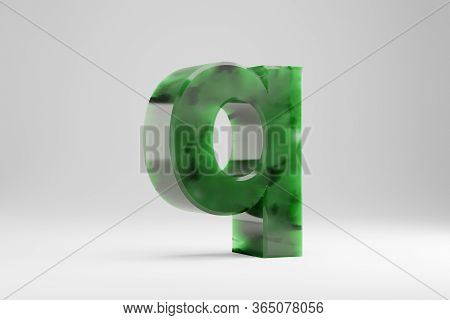 Jade 3d Letter Q Lowercase. Jade Letter Isolated On White Background. Green Jade Semitransparent Sto