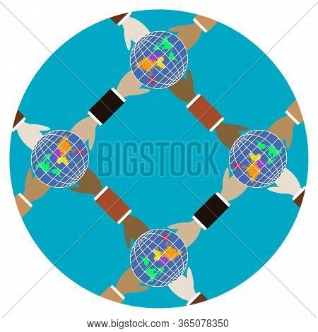 Four Different Races - Four Hands. People Hold Globe In Their Hands. Earth Care Concept. Friendship 