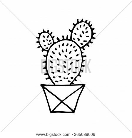 Doodle Cactus In A Faceted Pot. Scratchy Hand-drawn Succulent With Poly Flower Pot. Black Outline Of