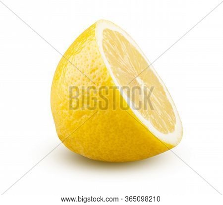 Lemon Half Isolated On White Background. Beautiful Fresh And Tasty Citrus Fruit Cut Close Up. Shiny 