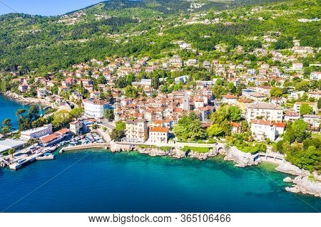 Croatia, Adriatic Coast, Beautiful Old Town Of Lovran, Historic Center And Coastline Aerial View, Kv
