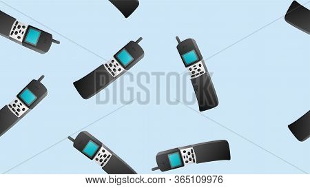 Seamless Pattern Of Retro Old Hipster Cell Mobile Phones From The 70s, 80s, 90s, 2000s On A Blue Bac