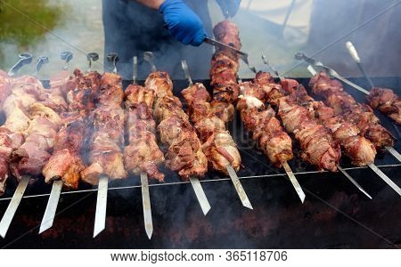 Grilled Beef Cabobs Close-up On An Open Fire.