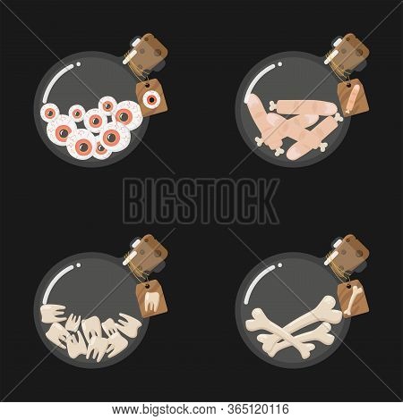 Game Icon Of Ingredients, Bottles With Different Resources. Interface For Mobile Game. Magic Glass F