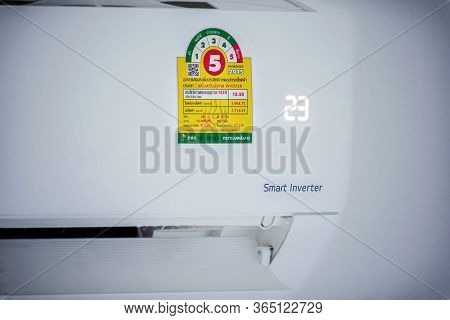 Bangkok, Thailand - May 07, 2020: Level 5 Efficiency Rated Air Conditioner Unit Operating At 23 Degr