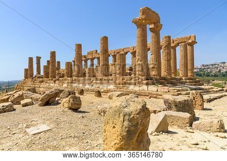 Ruins Of The Temple Of Juno In The Valley Of The Temples In Agrigento, Sicily, Italy