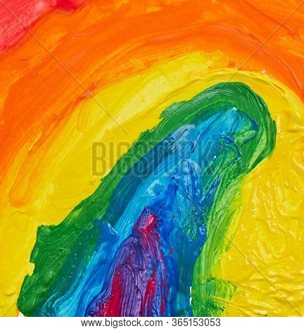 The Texture Of Multi-colored Paint On Paper. Childrens Drawing Of The Rainbow, Handmade. Childrens C
