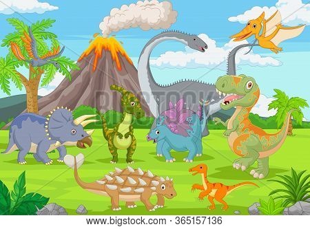 Vector Illustration Of Group Of Funny Dinosaurs In The Jungle