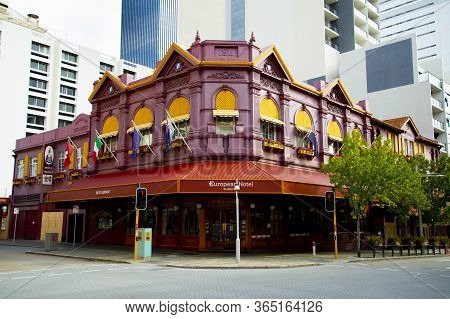Perth, Australia - April 17, 2020: The European Hotel By Miss Maud