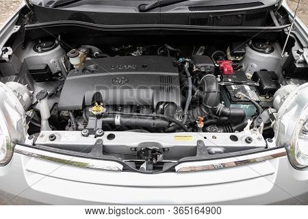 Novosibirsk/ Russia - May 02 2020: Toyota Sienta, Closeup Of A Clean Motor Block, . Internal Combust