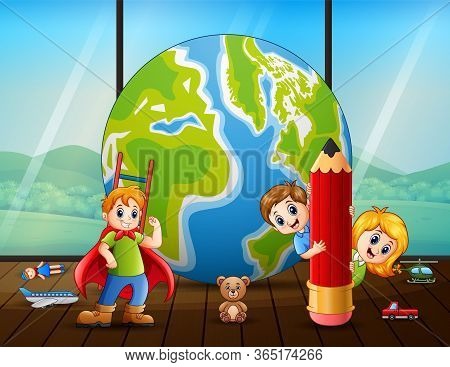 Children Playing Indoor Near A Big Globe