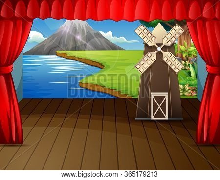 Stage Background With A Windmill And Landscape