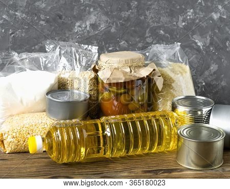 Food For Donations. Healthy Food For Food Delivery. Set Of Raw Cereals, Oil, Grains And Canned Food.
