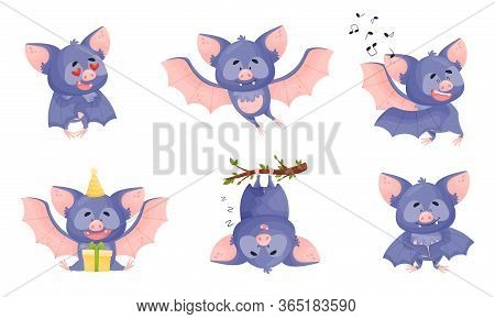 Funny Purple Bat Character In Different Poses Vector Set