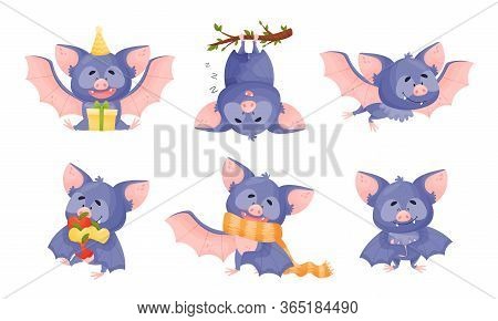 Funny Purple Bat Character In Different Poses Vector Set