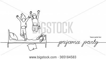 Pajama Party, Sleepover Fun. Simple Vector Illustration Of Jumping Kids On The Bed. One Continuous L