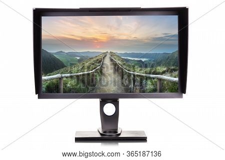 Professional Photographer Monitor With Shading Hood Isolated On White