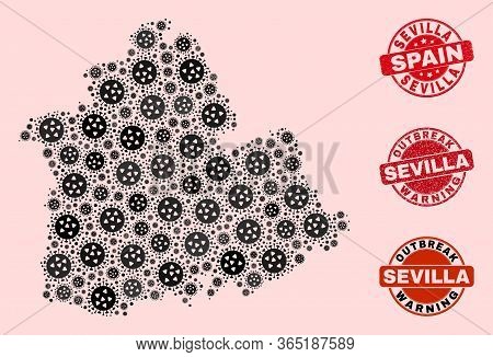 Outbreak Combination Of Flu Viral Mosaic Sevilla Province Map And Grunge Stamps. Vector Red Seals Wi