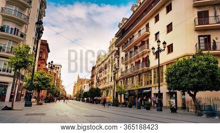 Seville, Spain - 10 February 2020 : Architecture On The Main Boulevard In Beautiful Seville Spain Ci