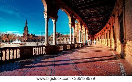 Seville, Spain - 10 February 2020 : Plaza De Espana Spain Square Architecture View From The Inner Co