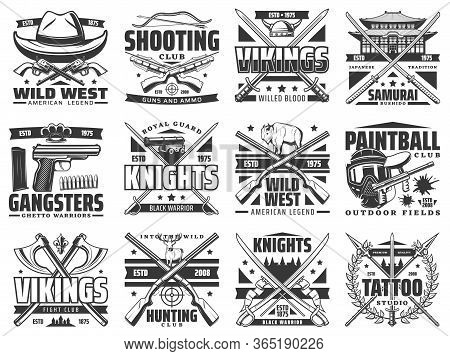 Guns, Battle Weapon And Hunting Ammo Vector Icons. Wild West Revolver Guns, Tattoo Studio Spear Sign