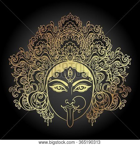 Portrait Of Indian Hindi Goddess Kali. Female Blue Head With Open Moth And Out Stuck Tongue. Destroy