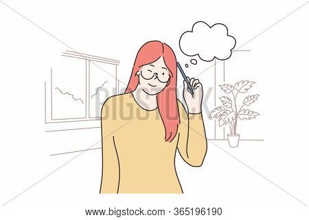 Thinking, Idea, Problem, Search Concept. Young Smiling Thoughtful Woman Girl Cartoon Character Think