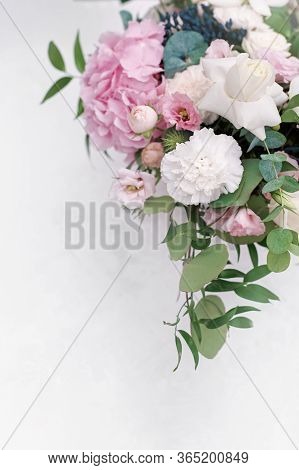 Original Wedding Floristics Closeup. The Wedding Flower Bouquet Is Supplemented With Rose Hortensia,
